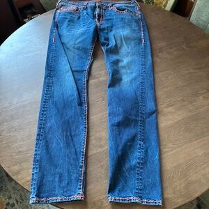 True Religion Jeans Rocco Relaxed Skinny Orange Stitch Men’s 36x34 Distressed